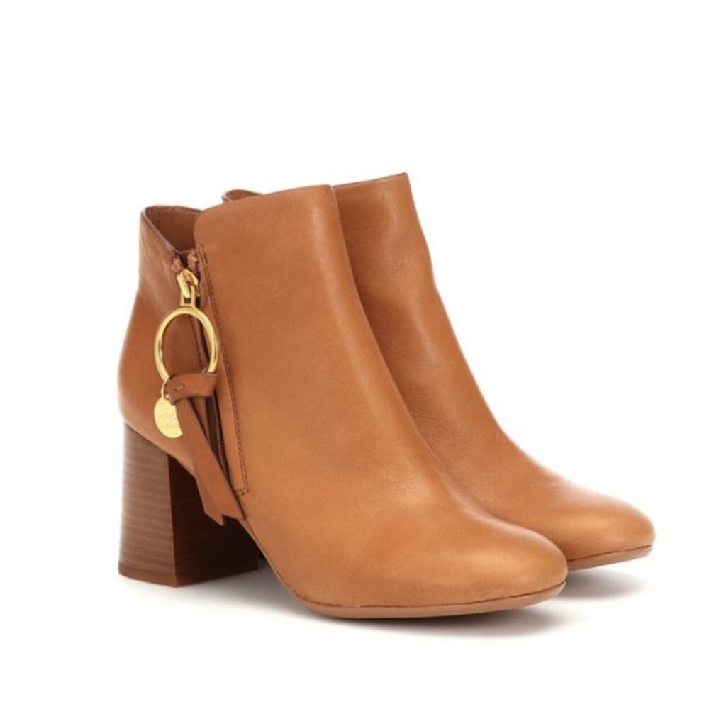 See By‎ Chloe Women's Louise High Block Heel Leather Brown Booties Sz 36 NEW